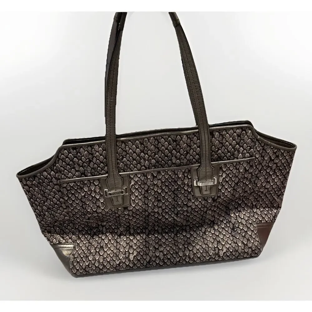 Coach Taylor Snake Print Fabric Gunmetal Grey Alexis Carryall/Tote Handbag READ